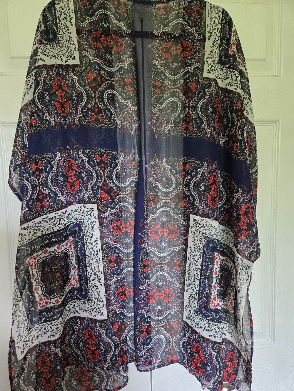 Maurices Boho Beachy Sheer Kimono Cover Up Navy Red Floral Paisley Size 2/3 - Picture 13 of 13